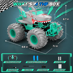 Salazaza Shark RC Car side view highlights 4WD grip on sand and grass.