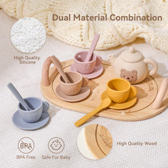 Samonyed wooden tray organizing all tea party pieces for play