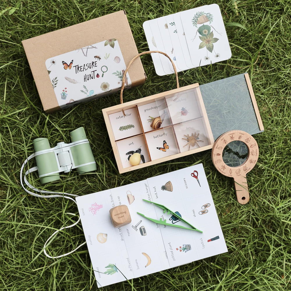 Samonyed wooden scavenger box helps kids store found treasures after exploring.