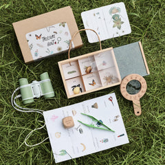 Samonyed wooden scavenger box helps kids store found treasures after exploring.