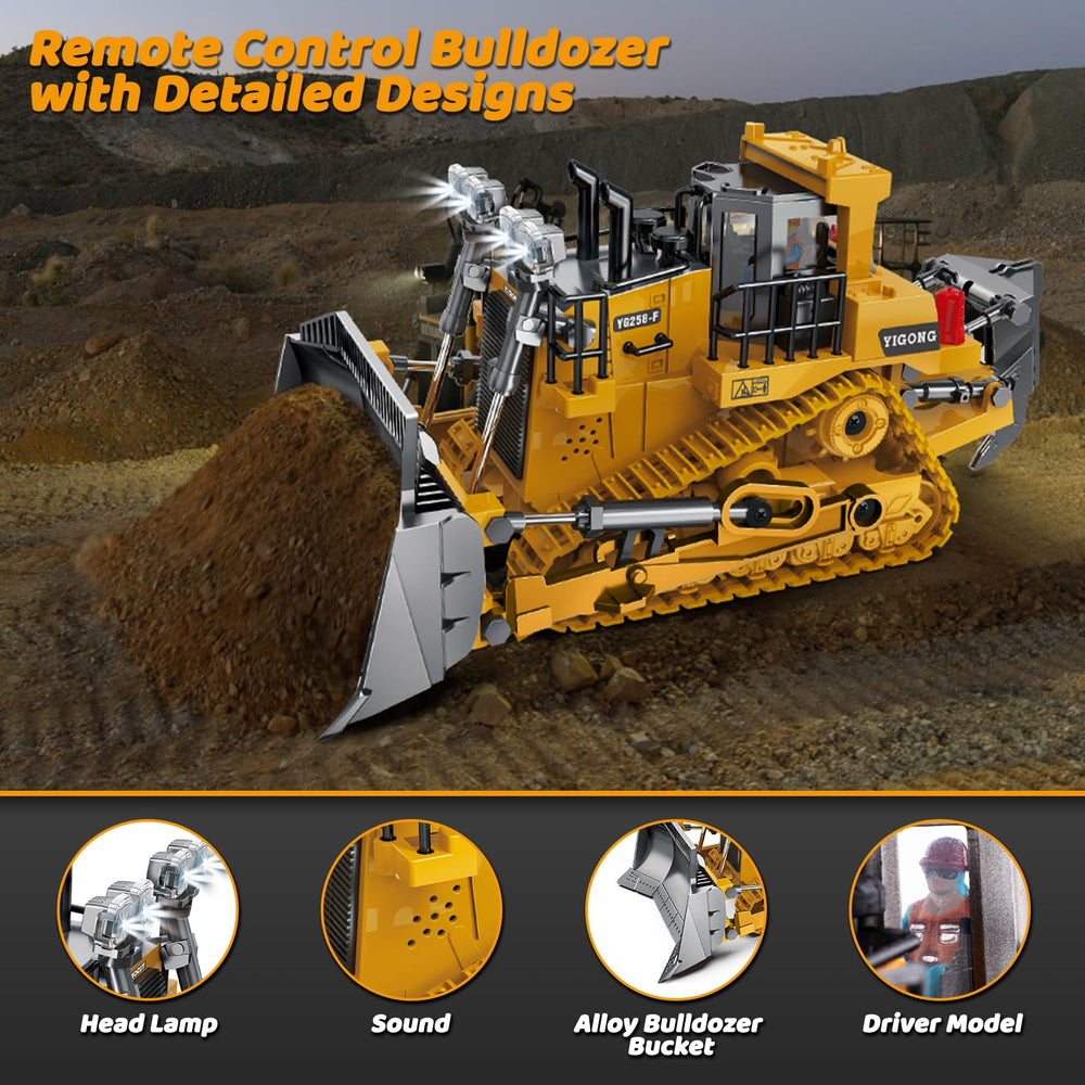 Samtop RC Bulldozer side action demonstrates precise movement and arm lifting