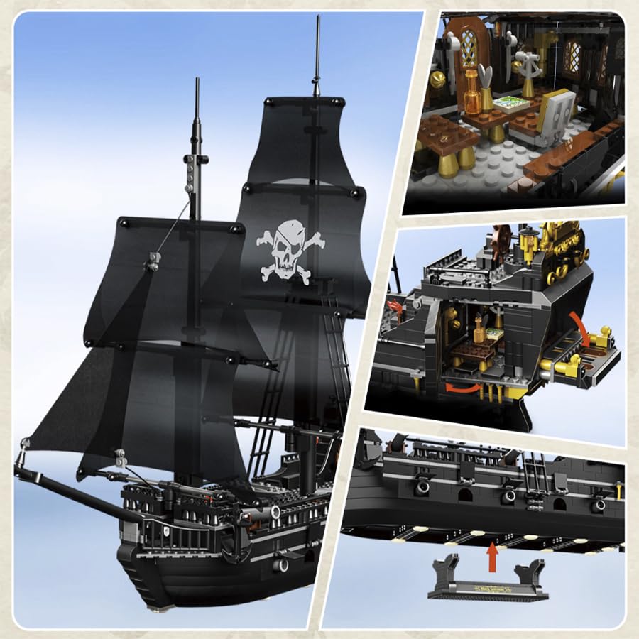 SAMYBLOCKS Pirate Ship bridge and masts showcase architectural accuracy on desk.