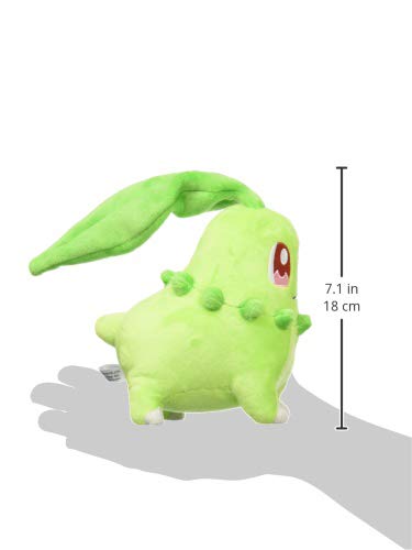Sanei Chikorita face close-up shows cute eyes for bedtime cuddling.