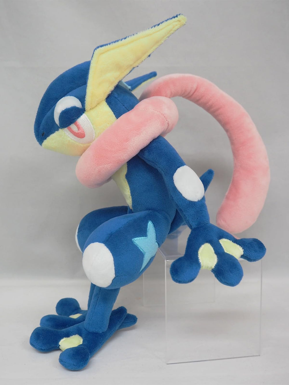 Sanei Greninja plush with All Star tag, perfect for shelf display and gifting