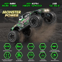 Sanherb RC car side profile showing 4WD drivetrain and knobby tires for versatile terrain