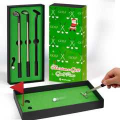 SAPLIZE Mini Golf Pen Gift Set displayed in festive gift box for holiday desk fun.