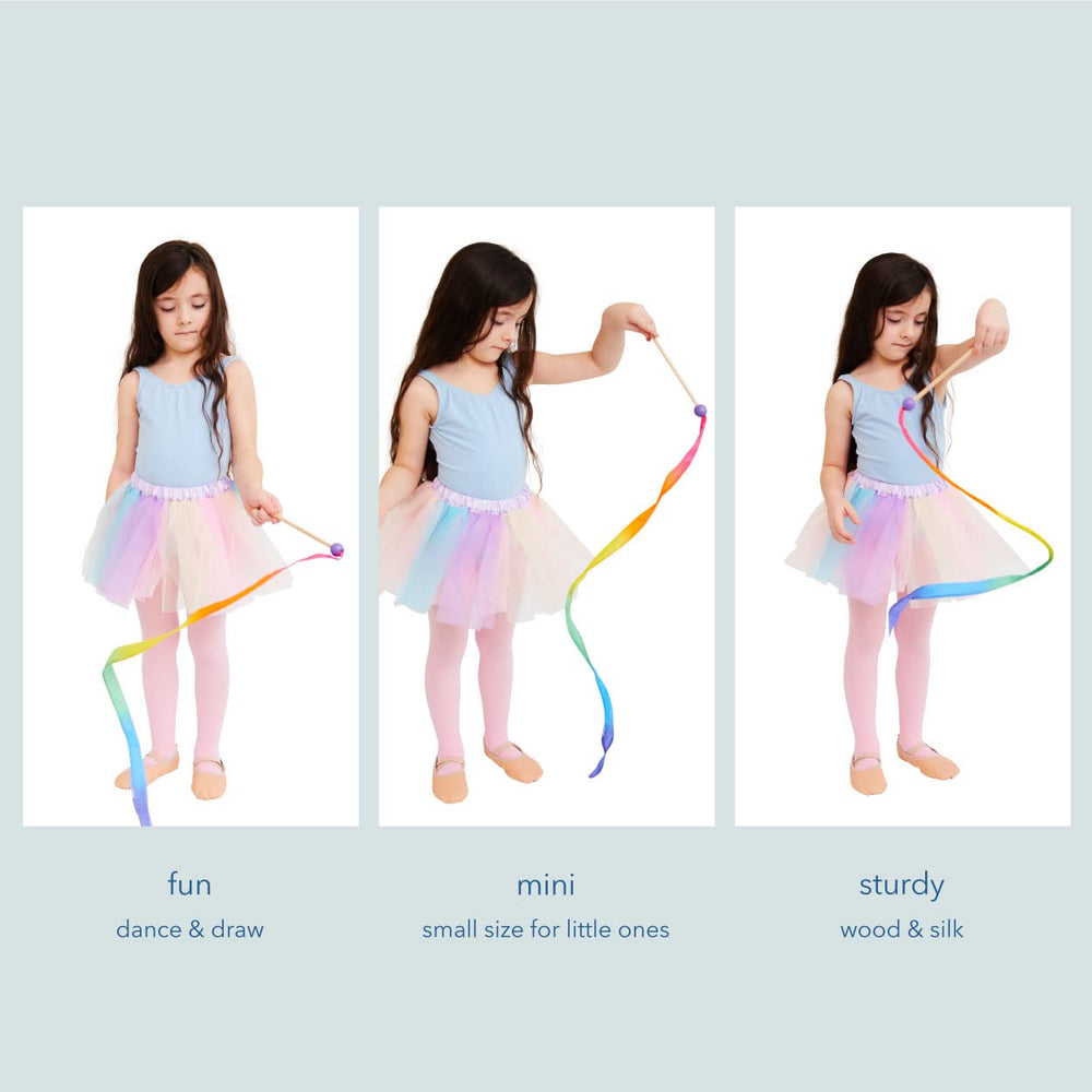 Sarah's Silks Mini Rainbow Streamer highlighting 8-inch wooden handle for comfortable grip.