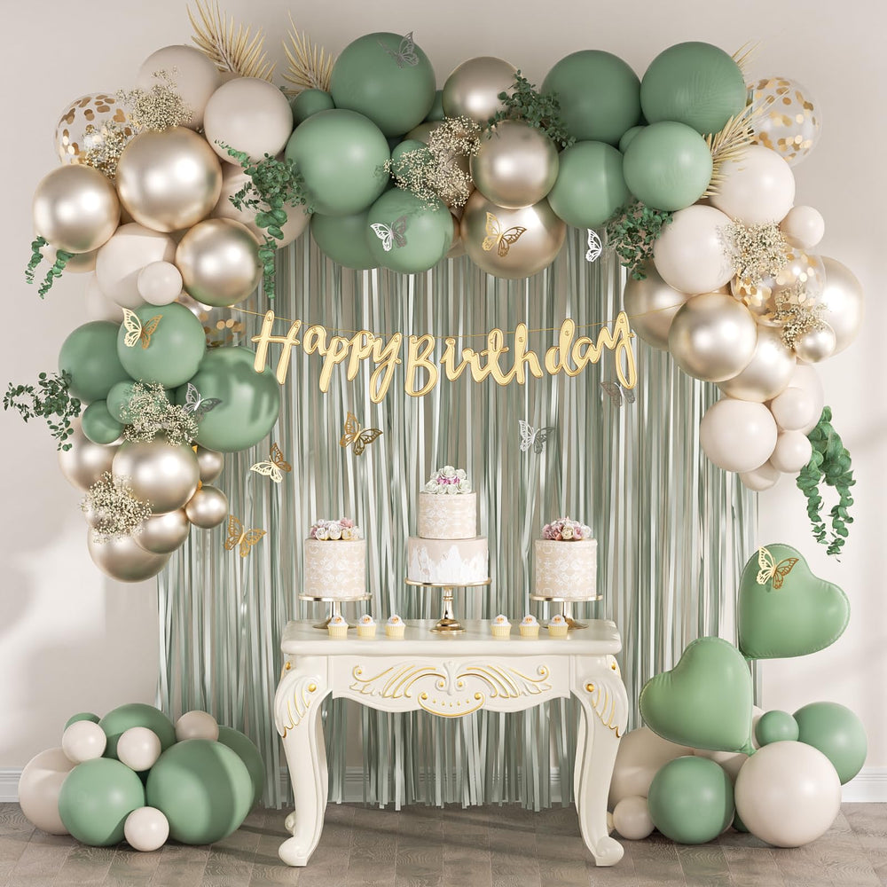 Globos verde salvia de saratimtou para una decoración elegante de cumpleaños.
