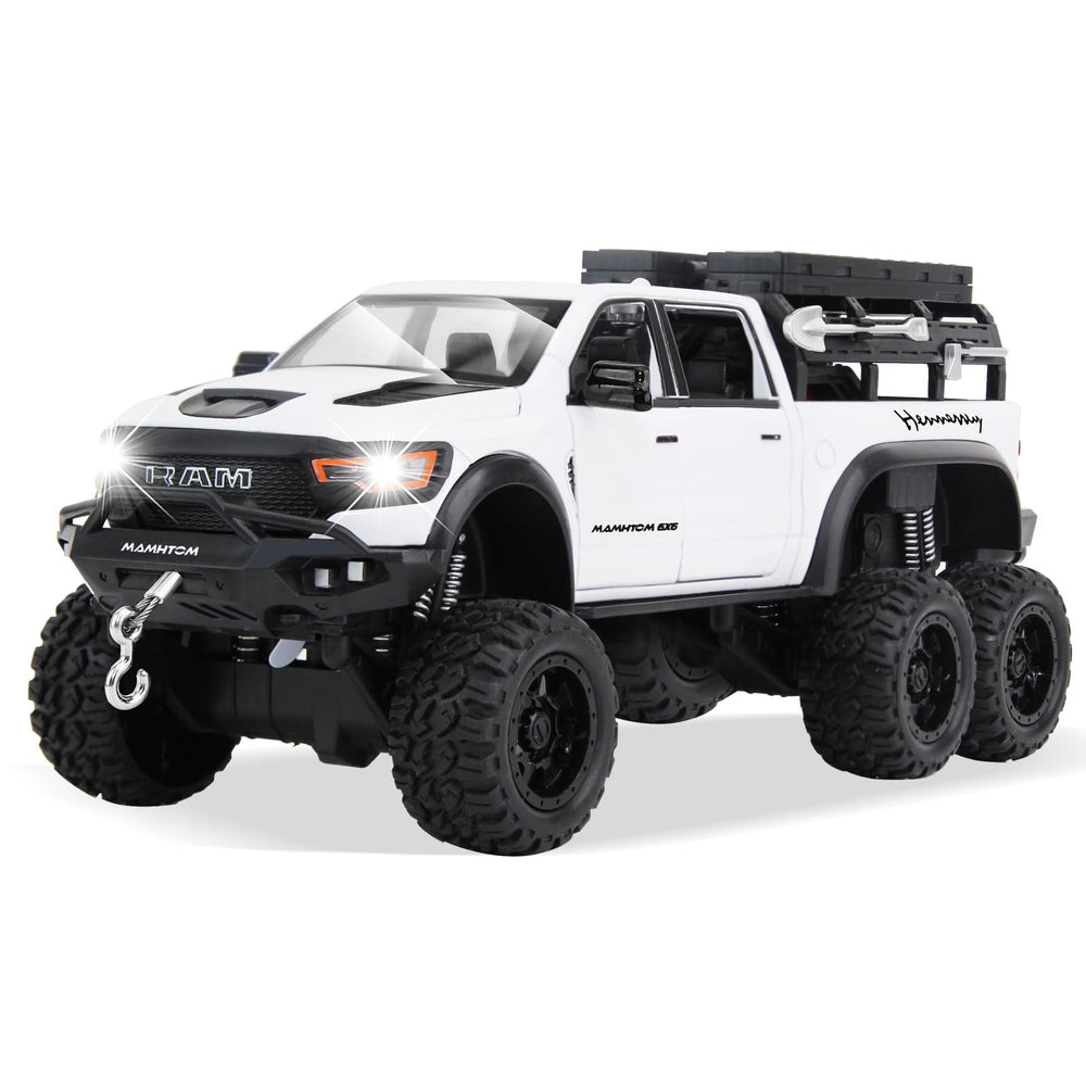 SASBSC 6x6 pickup truck white exterior highlights sturdy metal build for lasting play.