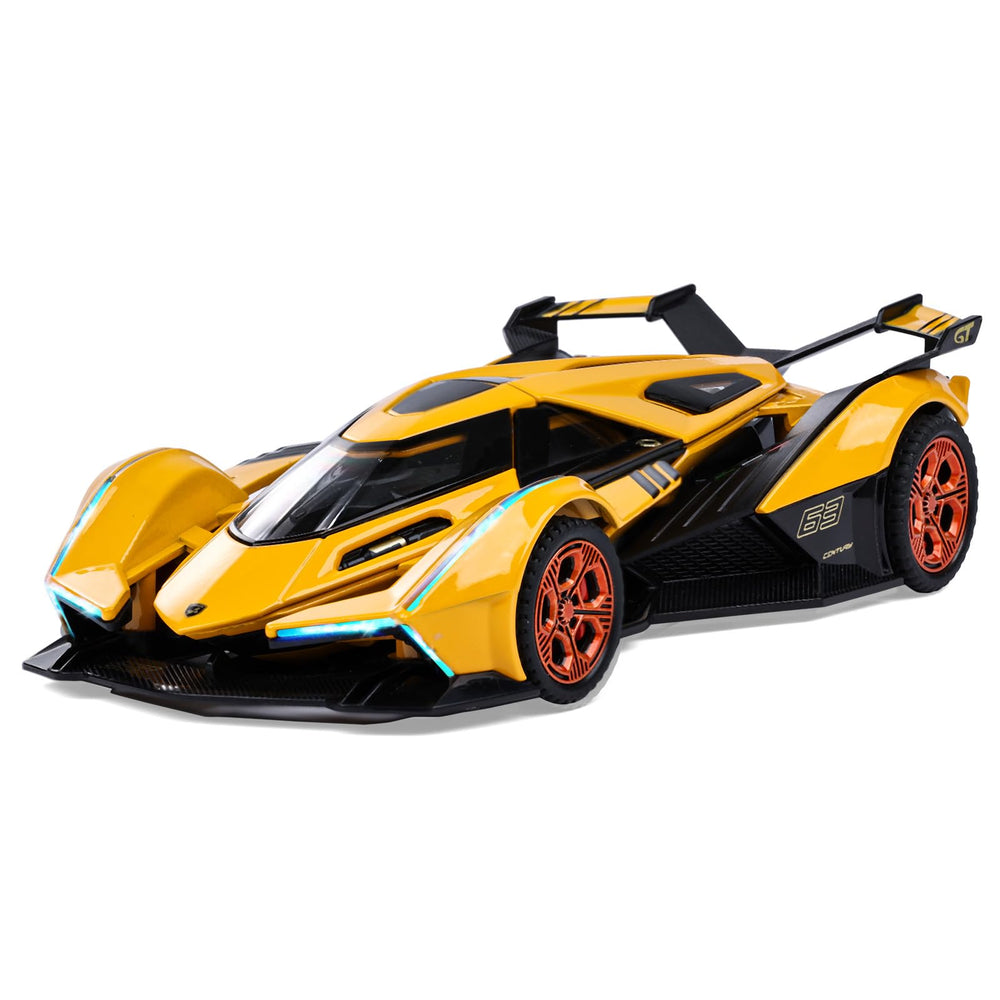 SASBSC Lambo V12 yellow side view toy car with durable construction for rough play.