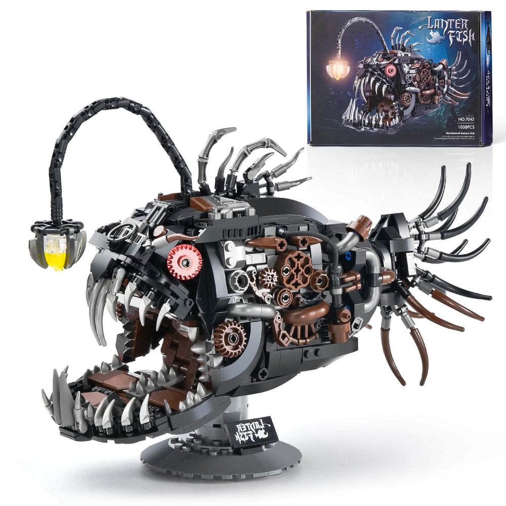 SATHIBI mechanical fish with illuminated lamp, dramatic desk centerpiece.