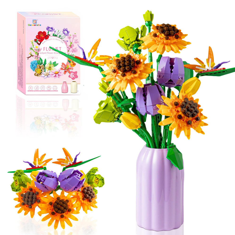 Sawaruita sunflower bouquet building set with vase adds a bright centerpiece.