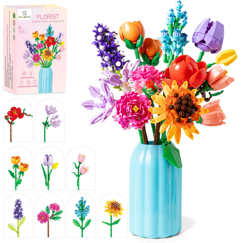 Sawaruita sunflowers and tulips bouquet blocks in a vase for vibrant, maintenance-free decor.