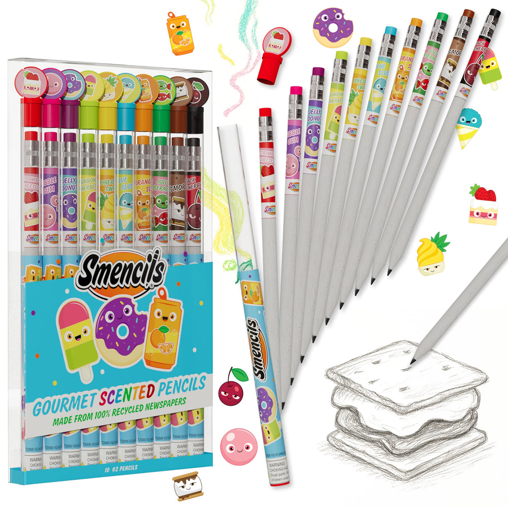 Scentco Smencils packaging box showing ten scented pencils for school use