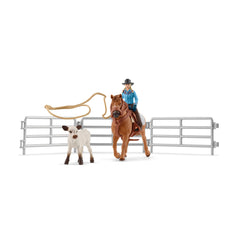Schleich Farm World rodeo roping playset with cowgirl rider figurine for imaginative western play.