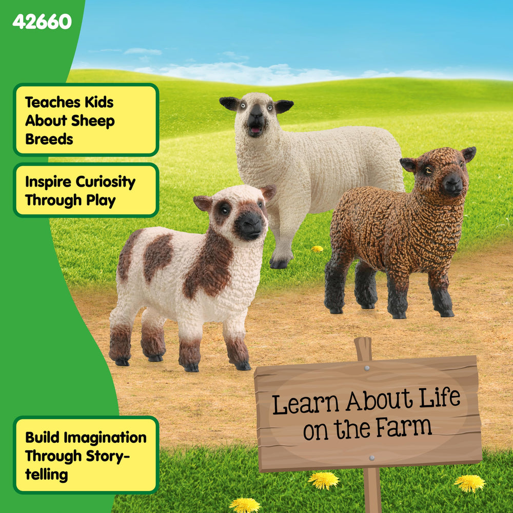 Schleich sheep beside other farm animals to spark cooperative storytelling.