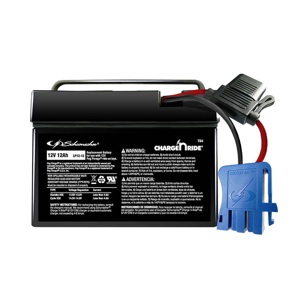 Schumacher TB4 12V battery box powers Peg Perego ride-ons reliably.