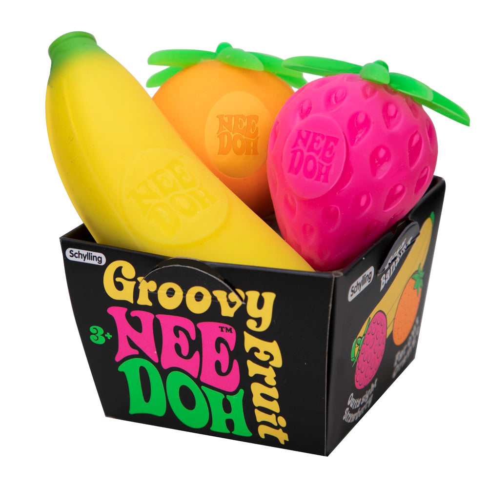 Schylling Nee-Doh Groovy Fruit packaging showcases a colorful, tactile toy for playful stress relief.