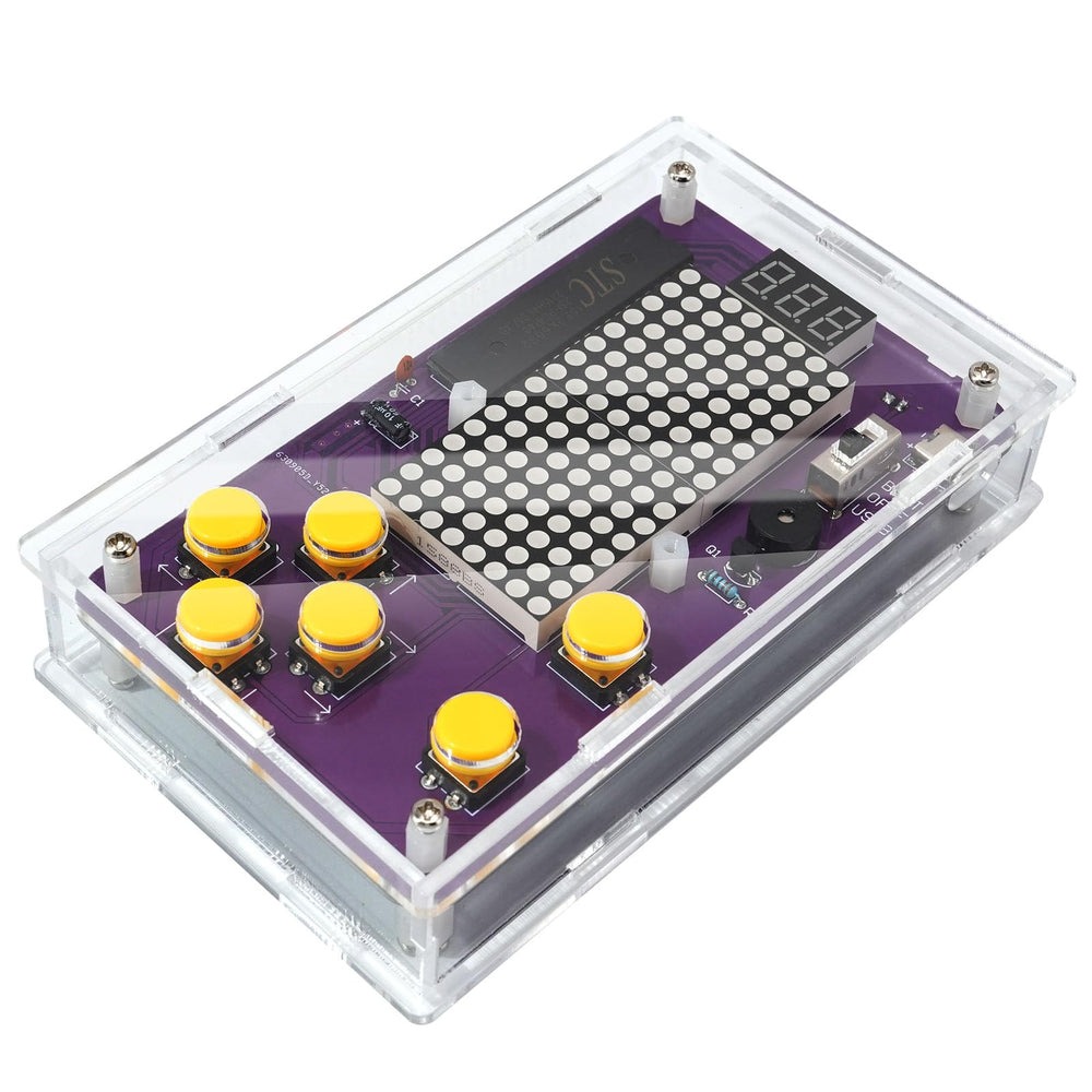 ScienSta Basic Soldering Kit game console front highlights four classic games for hands-on learning.