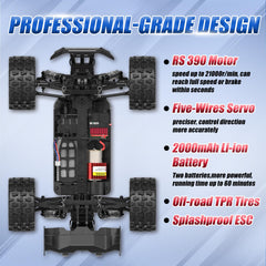 Scientoy 1/14 RC car off-road tires handle dirt and rough terrain.
