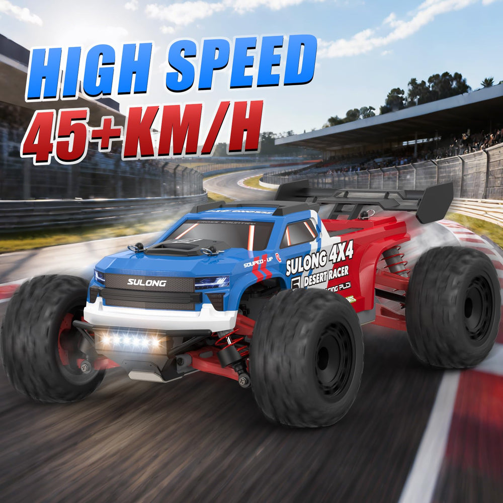 Scientoy RC car side action with suspension in motion on rugged ground