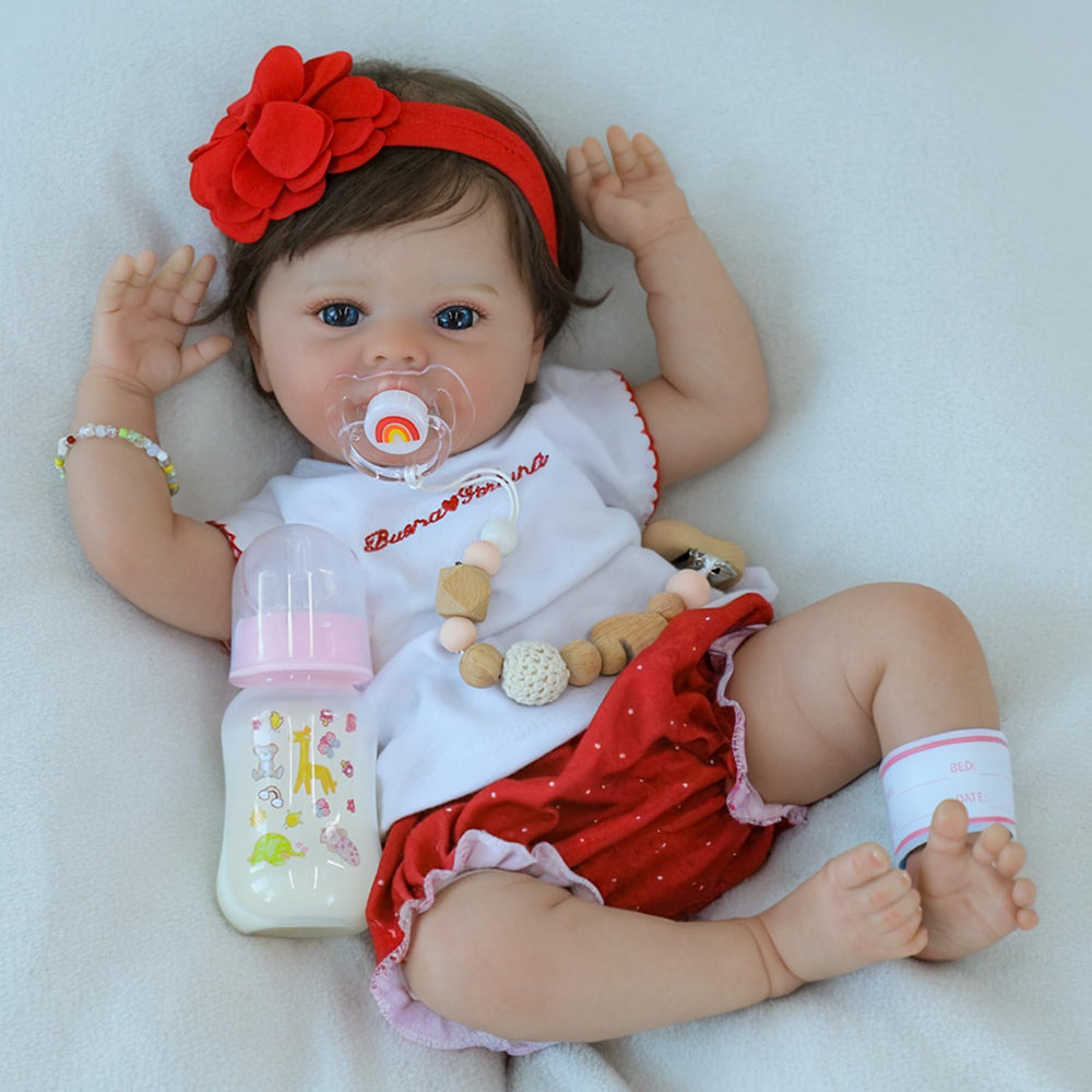 SCOM hand-rooted hair and lashes add natural appeal to the doll.