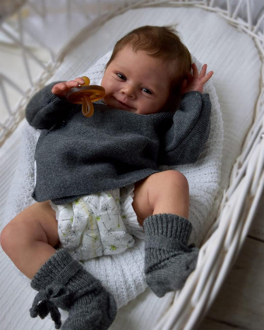 SCOM 18-inch reborn doll face close-up for imaginative play.