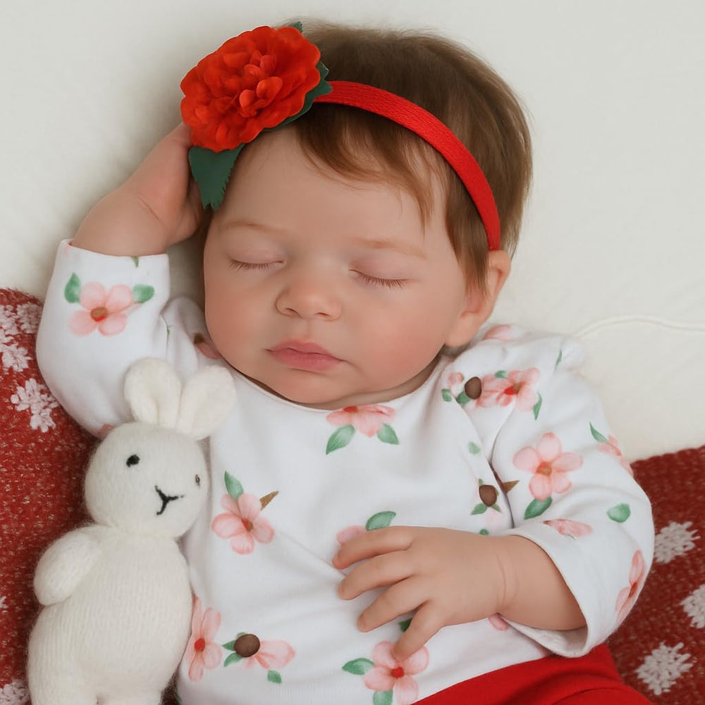 SCOM 20-inch reborn doll face close-up with lifelike veins and gentle blush for nurturing play.