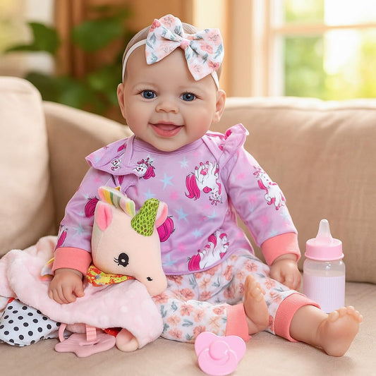 SCOM 18-inch soft-body doll close-up for comforting hugs and realistic touch.