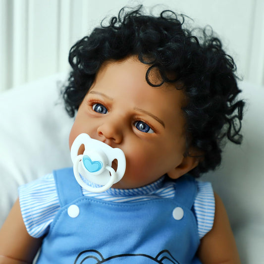 SCOM Reborn Black Boy doll, 20in full view, weighted for authentic cuddling.