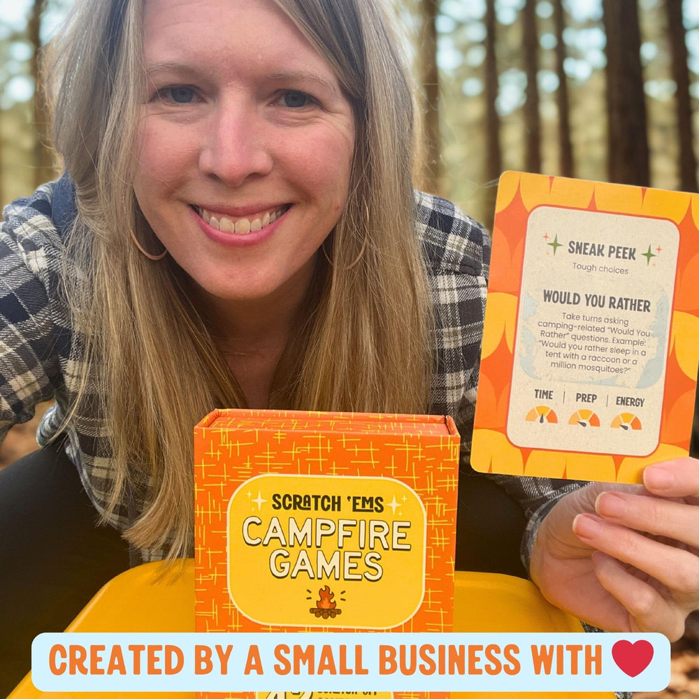 Scratch 'Ems Campfire Games vintage-art cards enhance outdoor ambiance.