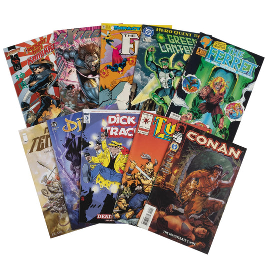 SCS Direct 10-assorted comic pack cover featuring bold heroes, ideal for gifting inspiration.