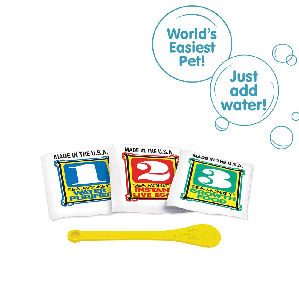 Sea-Monkeys Instant Life packets include Water Purifier, Live Eggs, and Growth Food.