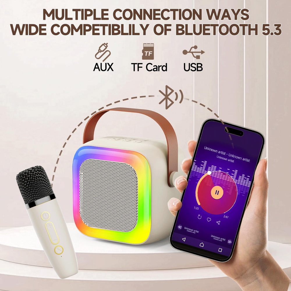 SECULEAD mini karaoke creates a party atmosphere with colorful lights and voice effects.