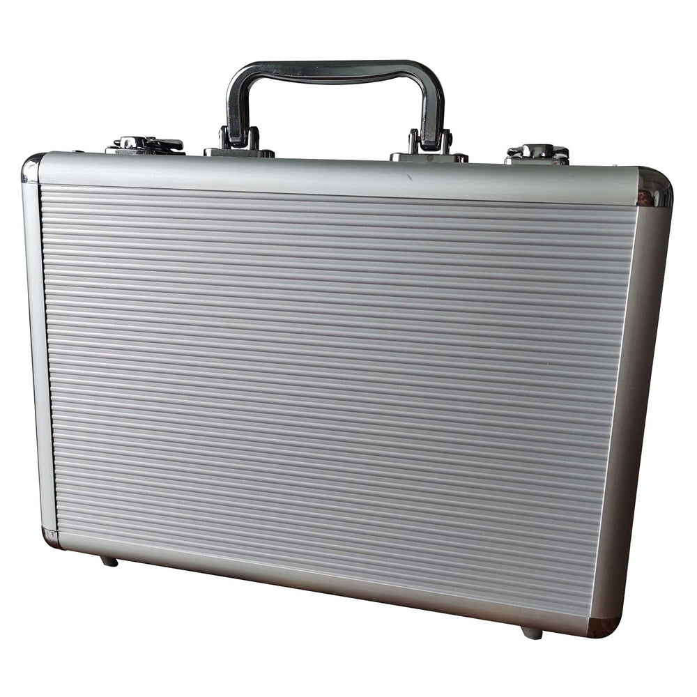 SEETOOOGAMES empty aluminum poker chip case front view, durable and portable storage for games.