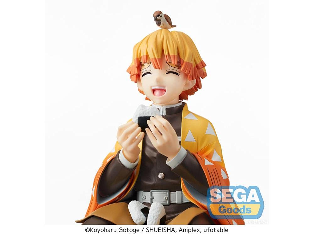 SEGA Demon Slayer Zenitsu Agatsuma perching figure packaging close-up shows licensed design