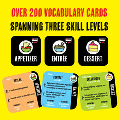 VOCABULICIOUS menu cards spark 48 conversation topics for kids and parents.