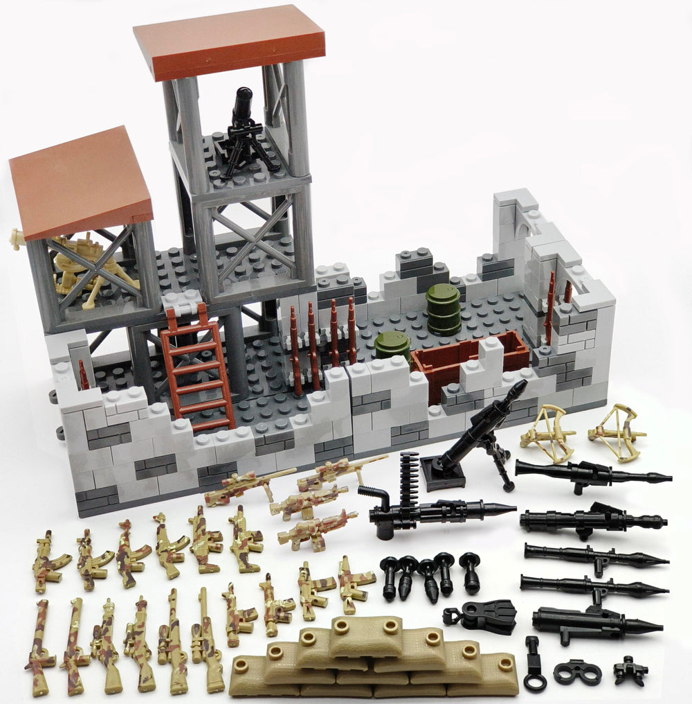 Sendhjurf military base assembly parts shown for modular play and creativity.