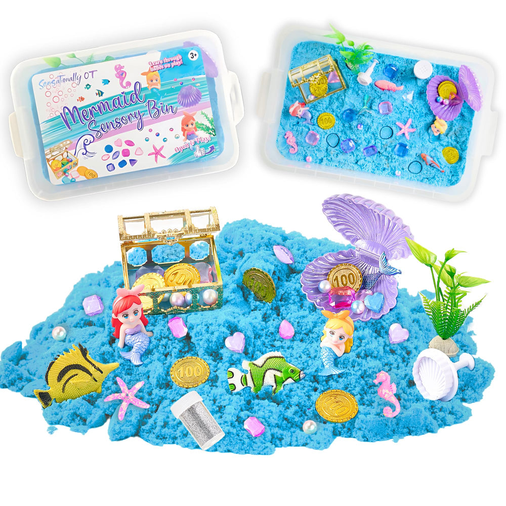 Sensationally OT mermaid sensory bin with magic sand for imaginative ocean play