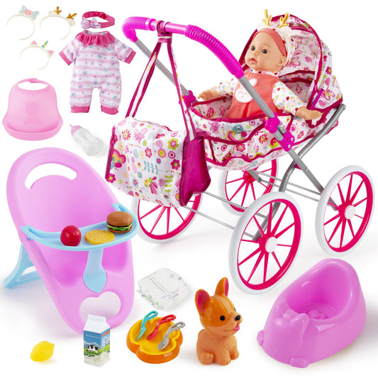 Seppacio baby doll stroller with 12.5-inch doll promotes imaginative play and nurturing.