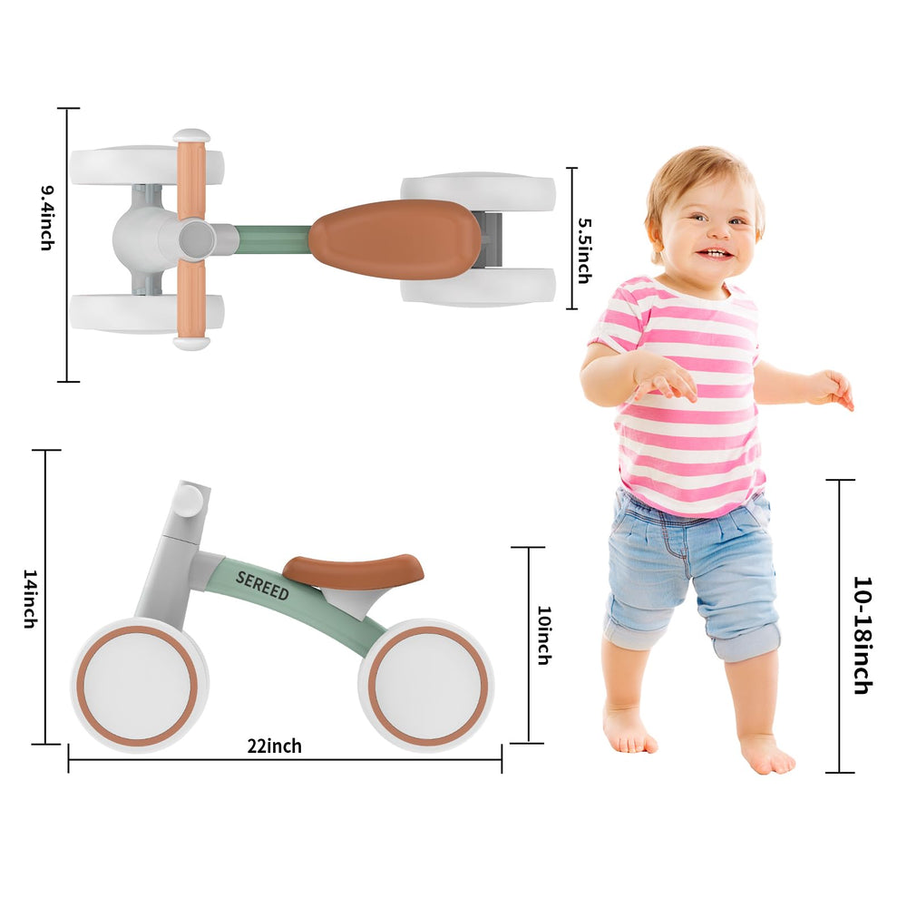 SEREED Baby Balance Bike green wheel closeup shows non slip tires for steady rides