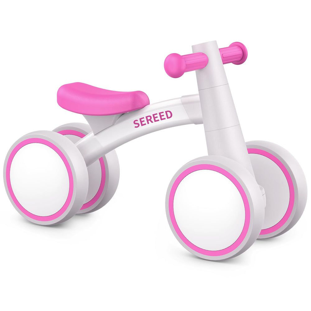 SEREED Rose baby balance bike side view shows safe four-wheel design for toddlers.