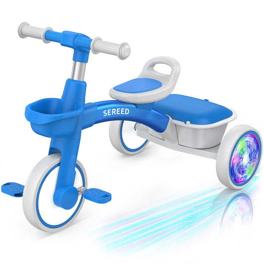 SEREED Colorful Lighting Toddler Tricycle blue front view showing adjustable seat for growing kids and glow wheels.
