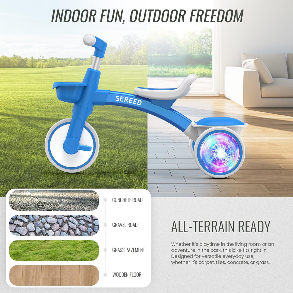 SEREED Colorful Lighting Toddler Tricycle blue in-action scene on smooth flooring.