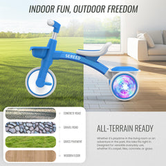 SEREED Colorful Lighting Toddler Tricycle blue in-action scene on smooth flooring.