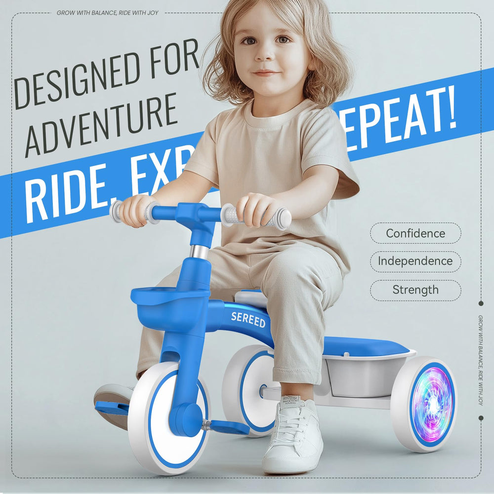 SEREED Colorful Lighting Toddler Tricycle blue side view with lightweight frame and glow wheels.