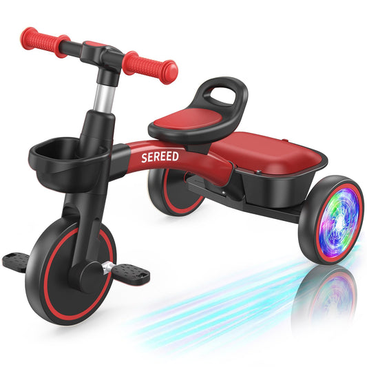 SEREED Colorful Lighting Toddler Tricycle, red front view, inviting easy-entry ride for kids