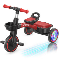 SEREED Colorful Lighting Toddler Tricycle, red front view, inviting easy-entry ride for kids