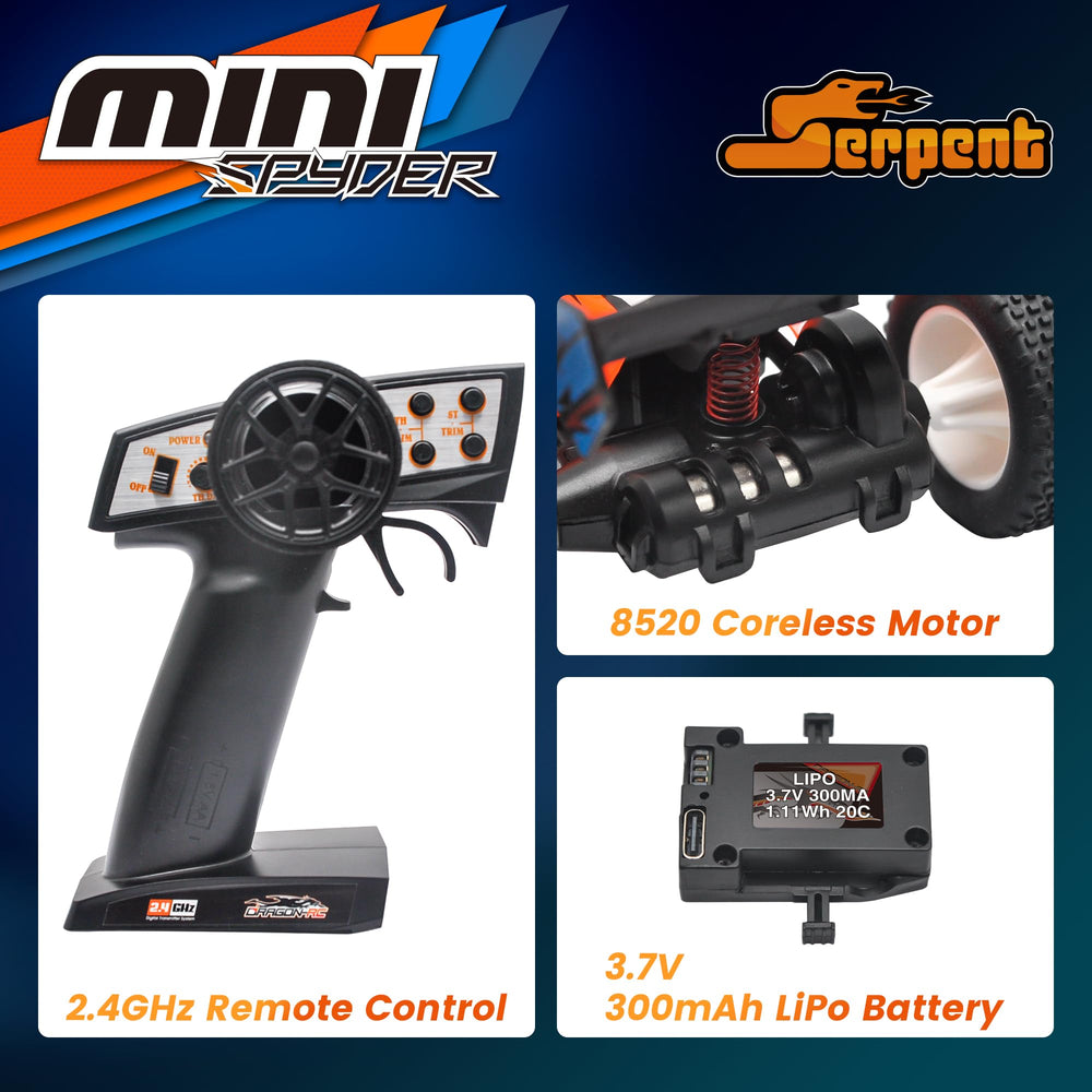 Serpent Mini Spyder RTR gyro enables steady steering on rough terrain.