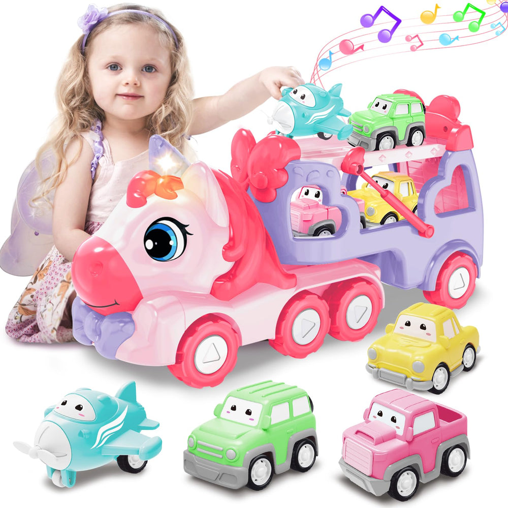 Seveclotree 5in1 unicorn carrier truck with lights and music for engaging play.